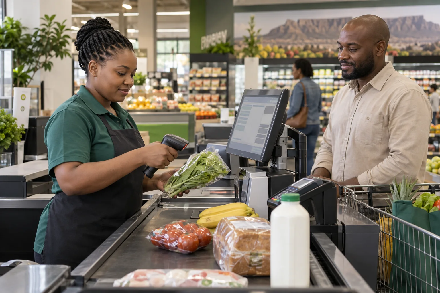 Cashier scanning groceries at a point-of-sale workstation while serving a customer