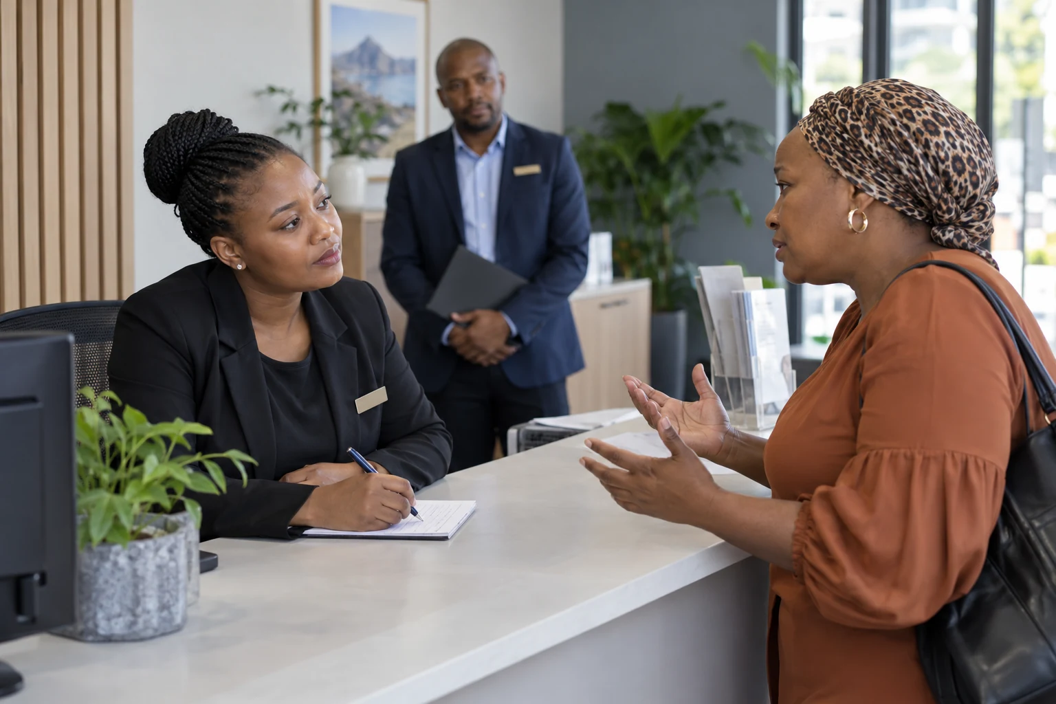 Customer-service professional listening calmly while a customer explains a complaint