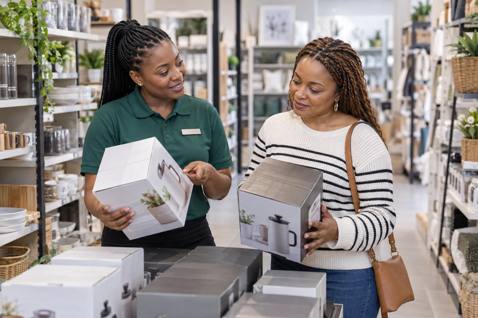 Retail-floor employee assisting a customer with product information in a clear shop aisle