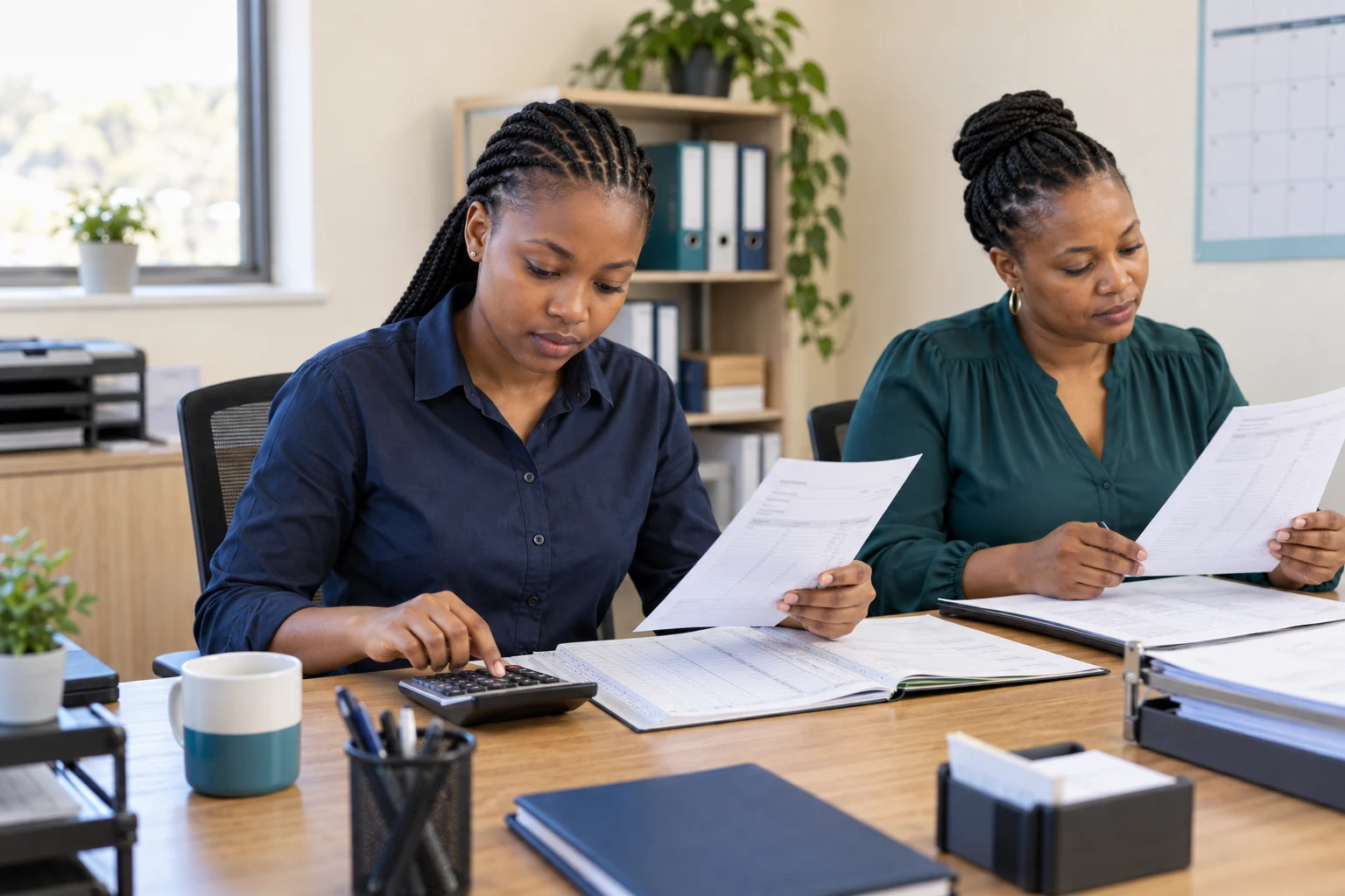 Bookkeeping colleagues checking a cashbook, calculator and supporting financial documents
