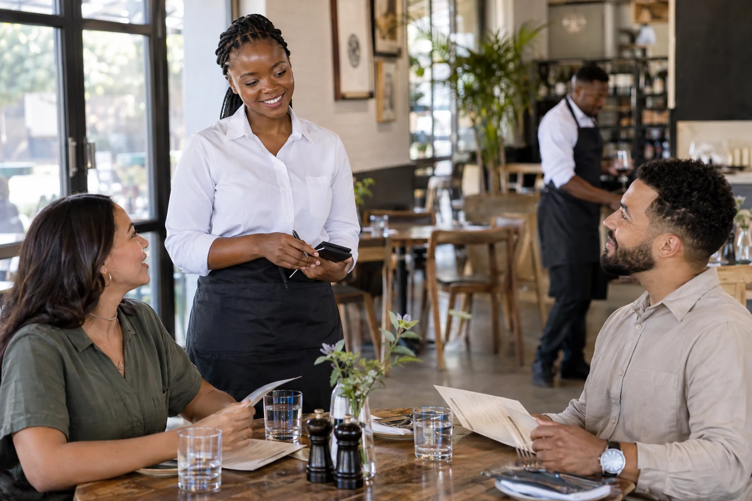 Professional waiter taking a guest order in a welcoming casual restaurant