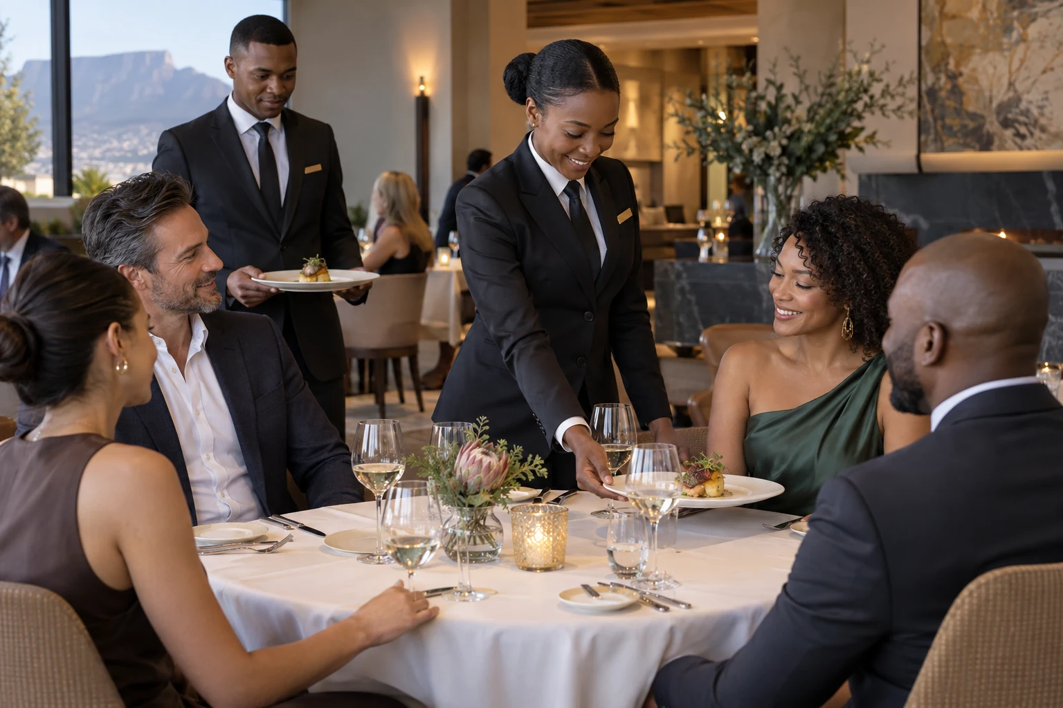 Senior waiters coordinating precise plate placement in an elegant fine-dining restaurant