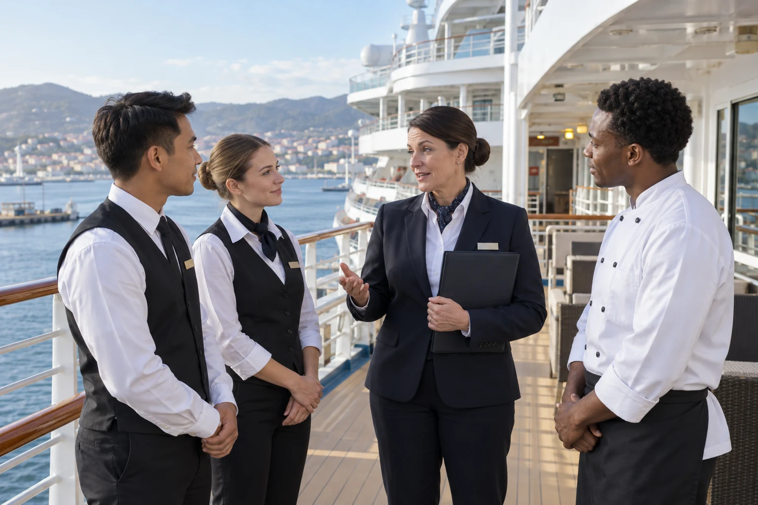 Professional cruise crew preparing for shipboard work during an onboard orientation