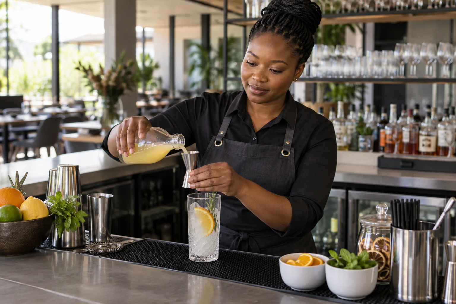 Bartender carefully measuring a citrus drink at a professional bar
