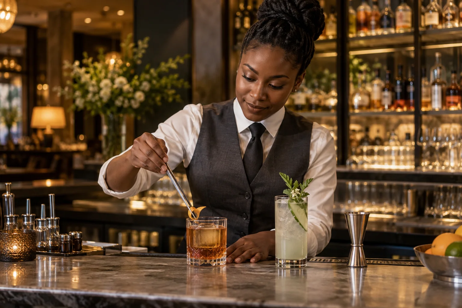 Bartender finishing a citrus-garnished cocktail at a premium bar