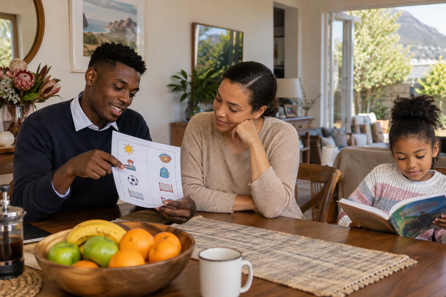 Adult au pair and parent discussing care in a family home while a child reads nearby.
