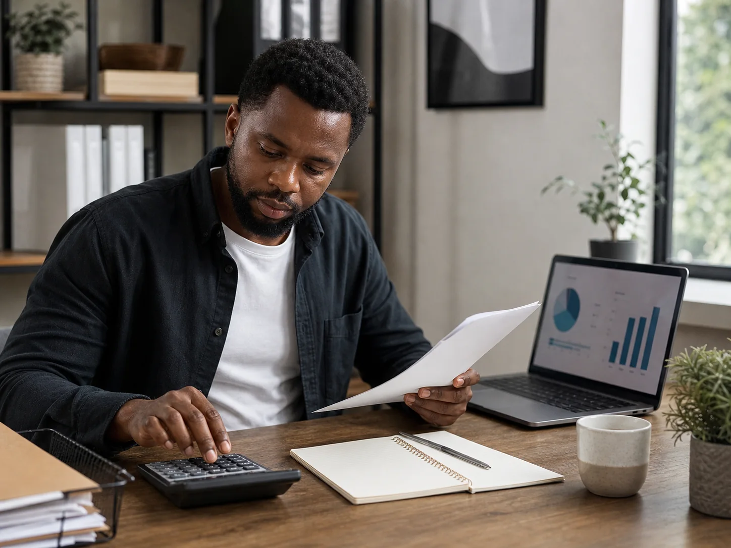 Small-business owner reviewing pricing and financial information