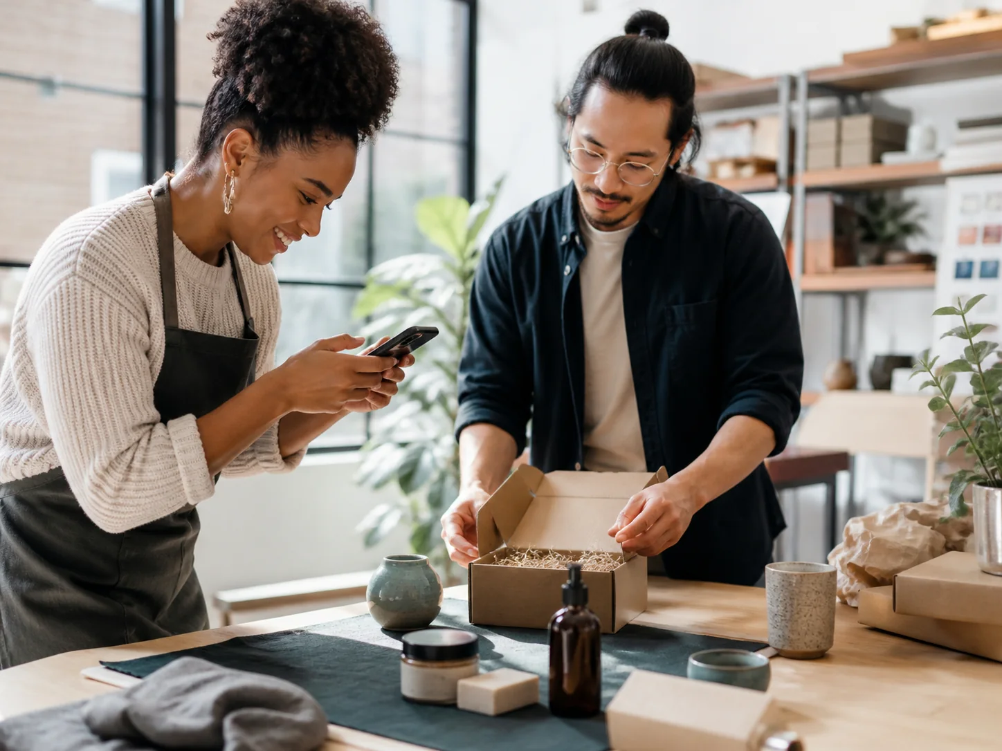 Small-business team preparing products and customer marketing activity