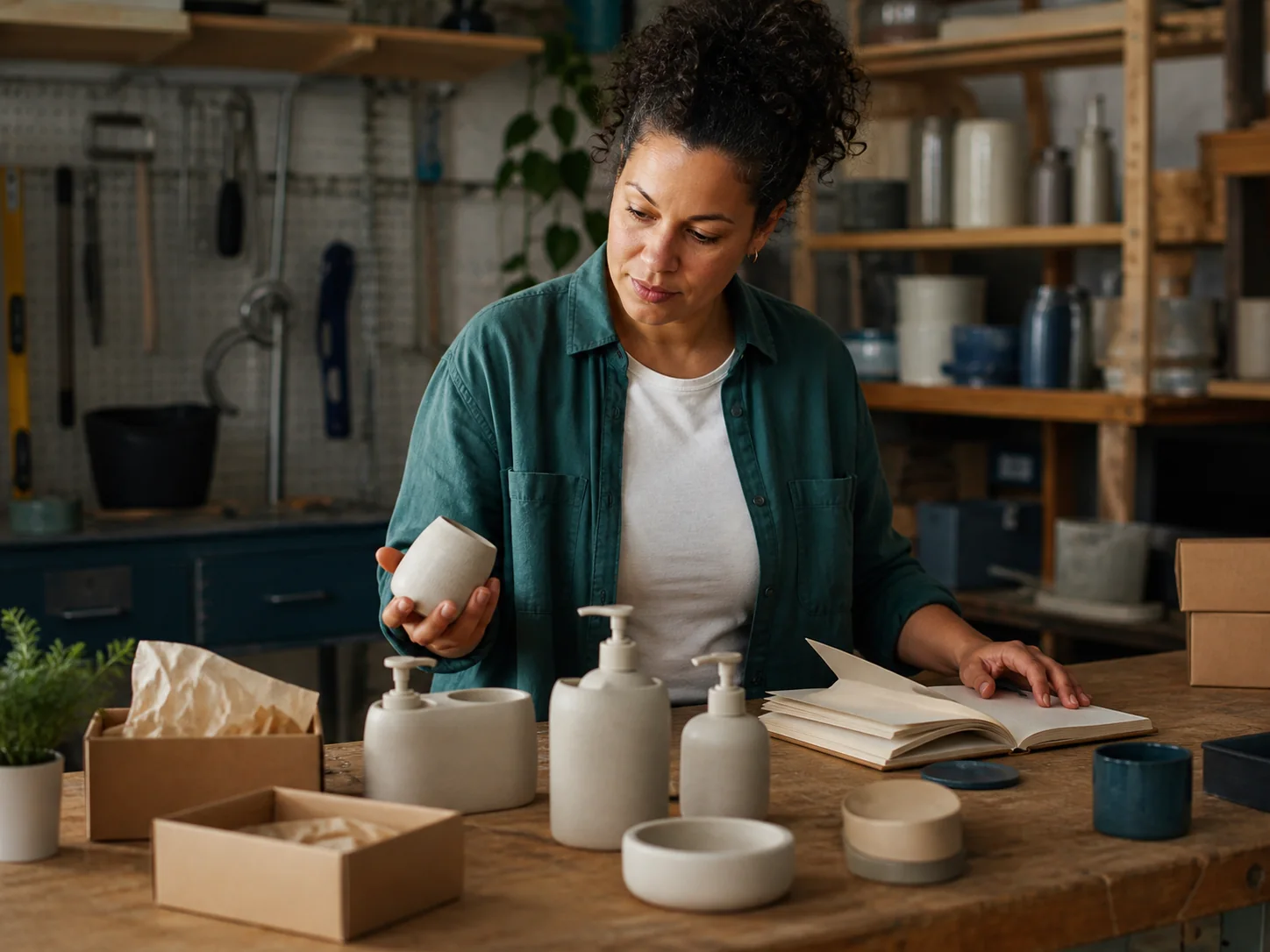 Entrepreneur evaluating products and planning a practical small business